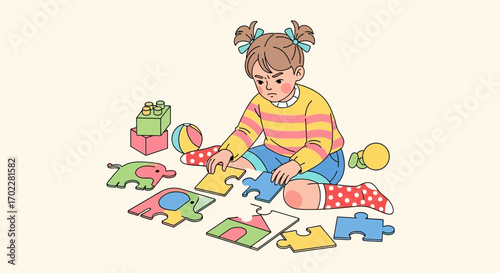 Frustrated Girl Attempting To Solve A Colorful Puzzle With Playful Toys All Around
