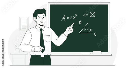 Educator Explaining Mathematical Principles On A Chalkboard In An Illustrated Presentation