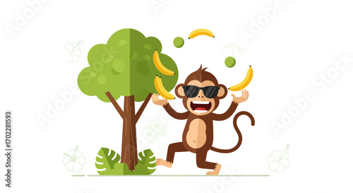 Fun cartoon illustration of a monkey juggling bananas near a tree in nature