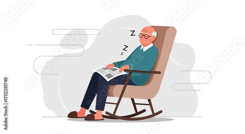 Elderly Man Dozing In A Rocking Chair After Reading The Newspaper Peacefully