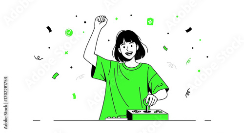 Gaming enthusiast celebrating victory with an arcade controller with a joyful expression
