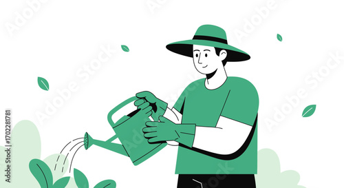 Garden Cultivation Depicted Shows Man Watering Plants Promoting Green Living for Healthy Habits