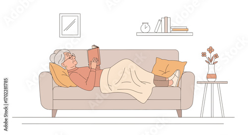Elderly woman relaxing on couch reading book, enjoying quiet time, cozy home environment