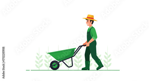 Gardener pushing a wheelbarrow in a minimalistic illustration cartoon design