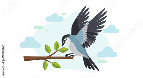 Elegant Bird Landing on Tree Branch With Open Wings Underneath Blue Sky Graphics