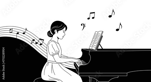 Elegant black and white illustration of a woman playing the piano with musical notes around