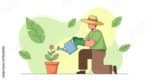Gardener tending to a potted flower illustration with plants and watering can