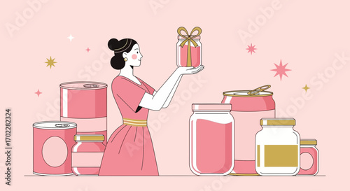 Elegant Lady Presenting a Gift Jar Amidst Canned Food And Beverage Containers