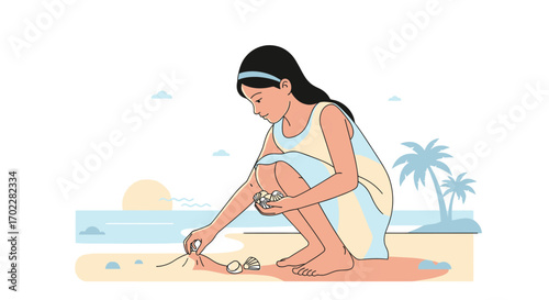 Girl Searching for Shells on Sunshine Beach with Palm Trees and Ocean on Background