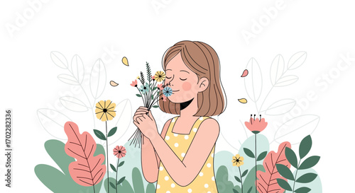 Girl Smelling Flowers in A Garden, Embracing The Scent of Spring