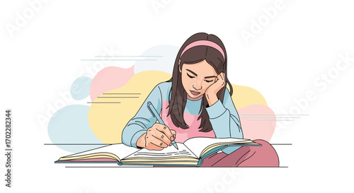 Girl studying with pen writing on book at table with colorful soft design
