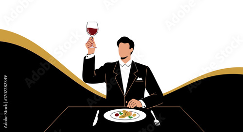 Elegant Man Raising Wine Glass At Dinner Representing Celebration and Sophistication