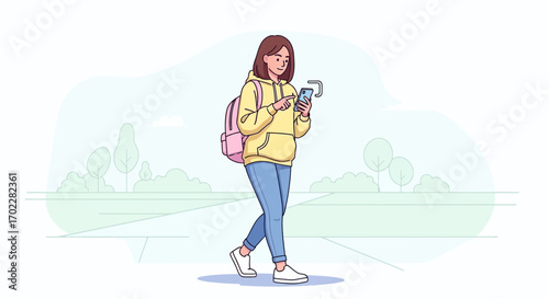 Girl using smartphone while walking on a street with a backpack and trees in background