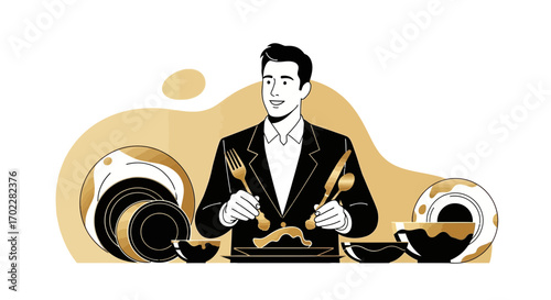 Elegant Person Enjoying a Gourmet Meal with Stylish Cutlery and Exquisite Dinnerware
