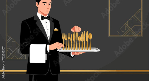 Elegant waiter holding golden cutlery on a tray for a fine dining experience