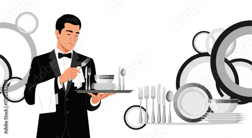 Elegant waiter carrying plates and cutlery in a fine dining restaurant design