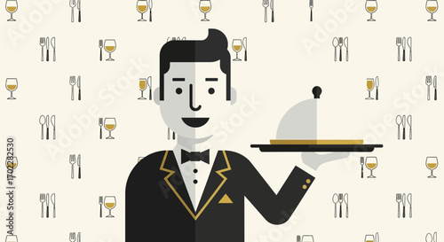 Elegant waiter serving dish at a fine dining restaurant in a minimalist vector style