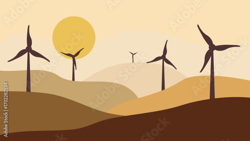 Desert landscape with a wind turbines farm under an orange sky during a sunrise