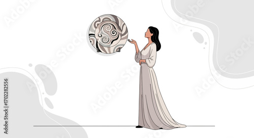 Elegant woman admiring decorative plate, artistic and minimalist graphic style illustration