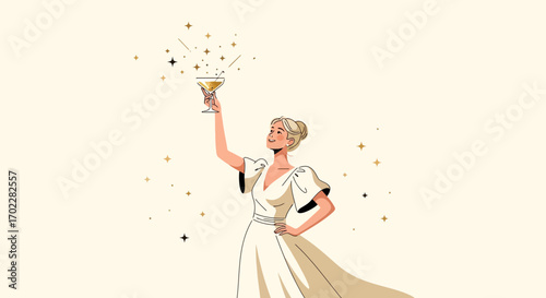 Elegant woman celebrating with champagne in a beautiful dress vector illustration