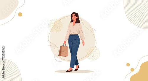 Elegant Woman Carrying a Shopping Bag in a Minimalistic and Artistic Illustration