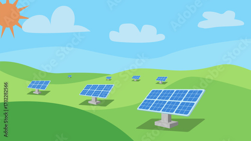 Solar power station with solar panels on field and hill under blue sky for clean renewable energy illustration