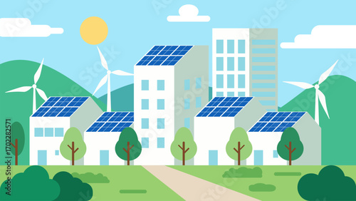 Vector illustration of an eco city with solar panels and wind turbines. Ideal for renewable energy, sustainable living and green environment.