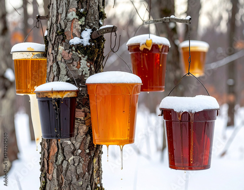 Maple Syrup Collection Buckets on Sugar Trees - Forest Harvest
