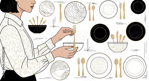 Elegant woman arranging cutlery and tableware for a stylish dinner party