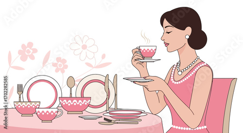 Elegant Woman Enjoying Afternoon Tea Infused With Sophistication and Vintage Charm