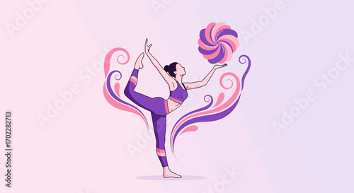 Graceful Figure Performing Yoga Pose with a Colorful Abstract Decorative Element