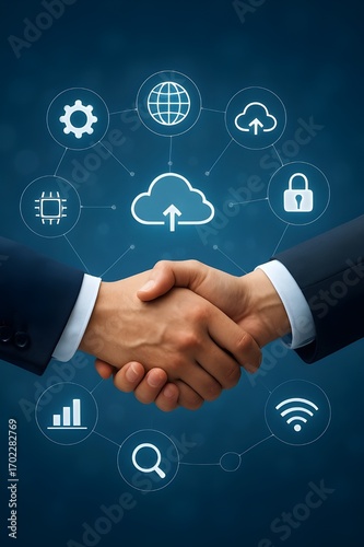 Business handshake with digital technology network icons
