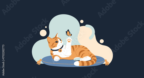 Cozy Cat Playing With A Butterfly On A Cushion, Delightful and Playful Adorable Scene