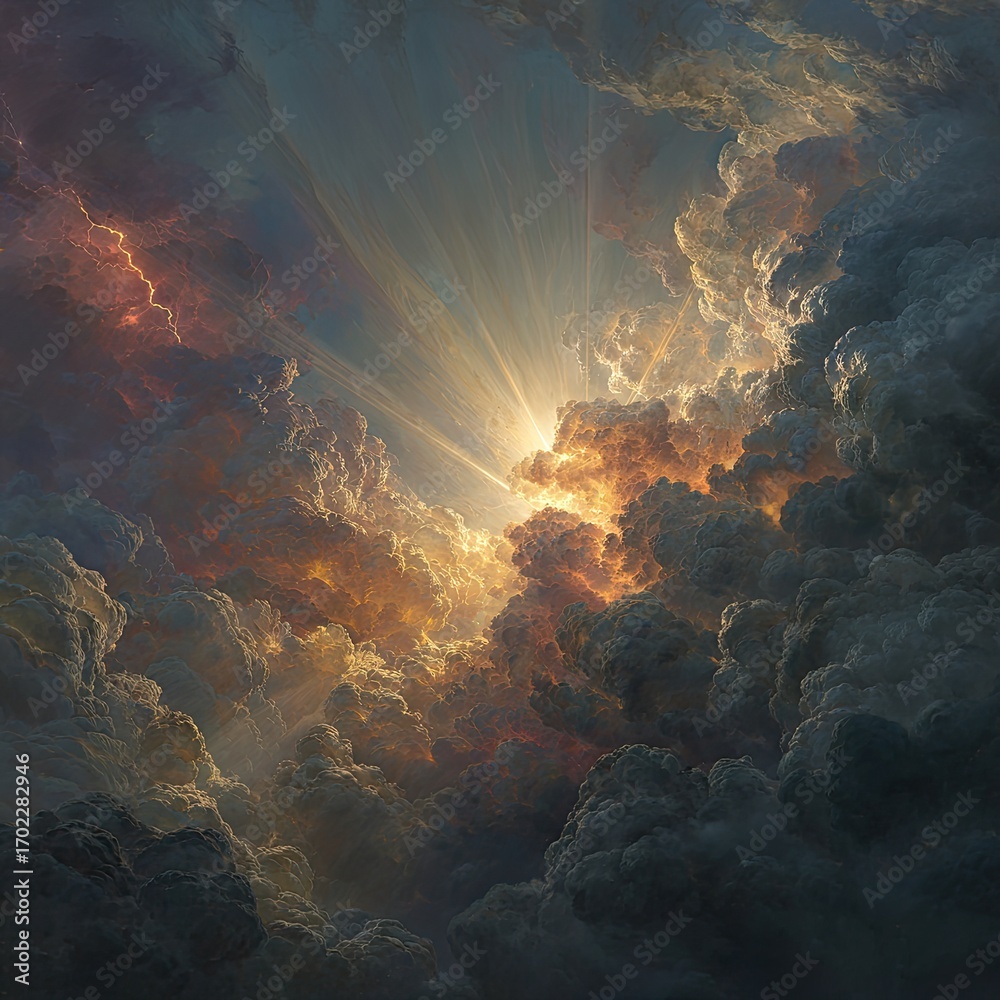 Obraz premium Dramatic Cloudscape with Golden Light Bursting Through the Heavens.