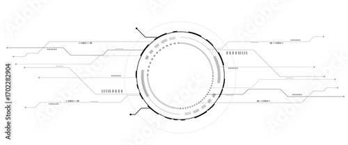 Vector futuristic technology background with white circle circuit wires on light blue motherboard.
