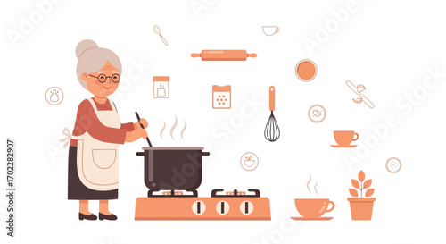 Grandmother Carefully Preparing Delicious Meal In Her Kitchen With Kitchen Utensils