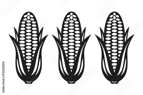 Three Black Corncobs, Simple Black Shapes with Oval Kernels, White Background