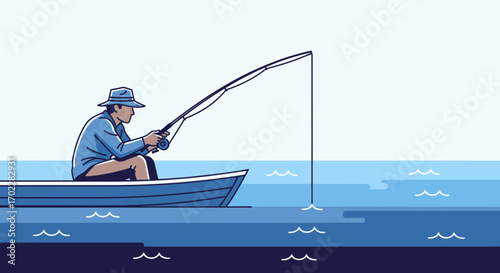 Graphic Illustration of a Man Fishing in a Boat on the Water, Minimalist Style