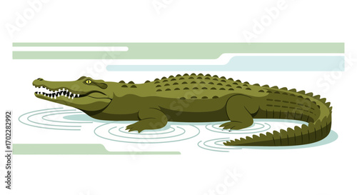 Green Crocodile In Water Illustration Depicting Wildlife and Natural Habitat Graphics