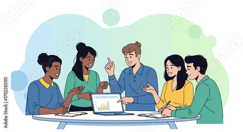 Group of young entrepreneurs in a meeting analyzing data on a laptop discussion