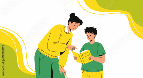 Guidance And Education: A Teacher Pointing At A Book Explaining Knowledge To Student