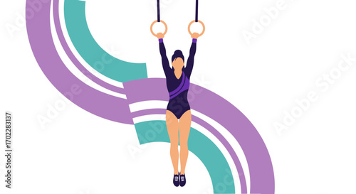 Gymnast athlete performing on rings with decorative background in vector style
