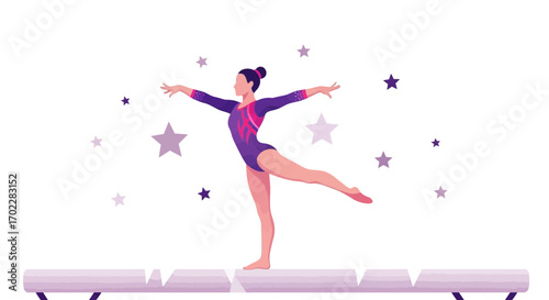 Gymnast Performing Gracefully on Balance Beam With Starry Background Decorative Elements
