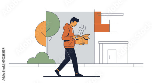 Guy Inspects The Contents Of Delivered Package During Day Out On Pavement