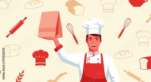 Happy baker holding a bag with bread, bakery and cooking related elements illustration design