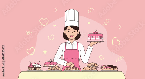 Happy Baker Presenting Cakes and Pastries Against a Pastel Pink Background