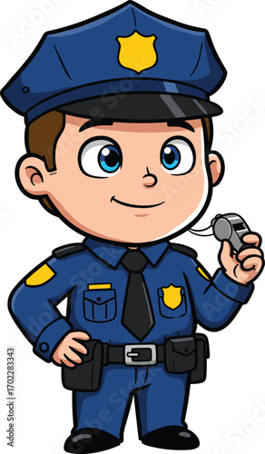 Cute cartoon police officer boy in blue uniform with whistle, smiling law enforcement character illustration for kids and educational use.