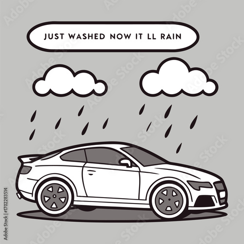 Humorous illustration of a freshly washed car about to get rained on capturing a common and relatable frustration for car owners