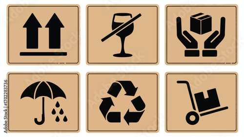 Black and white shipping symbols on beige background cargo icons handling instructions