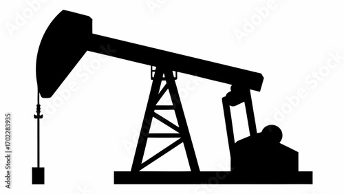 A black silhouette of an oil pump jack with a beam and a wellhead on a white background in a simple style